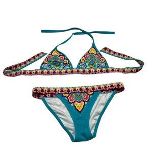 Victoria Secret Womens Small Boho Bikini Set Halter Tie Top Cheeky